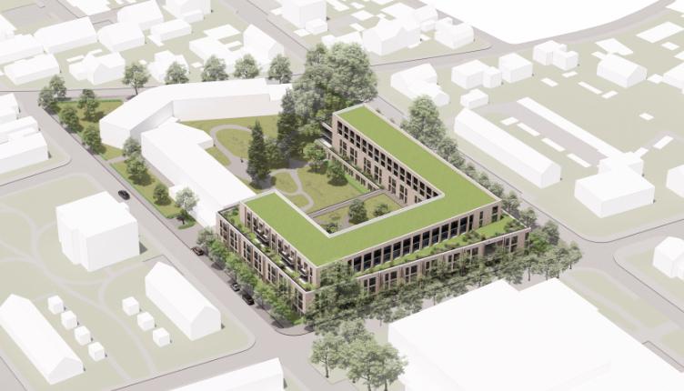  Luchtbeeld van het ontwerp voor een woon- en zorgcomplex in Baarn, waarin reguliere woningen en zorgvoorzieningen zijn geïntegreerd in één geheel.