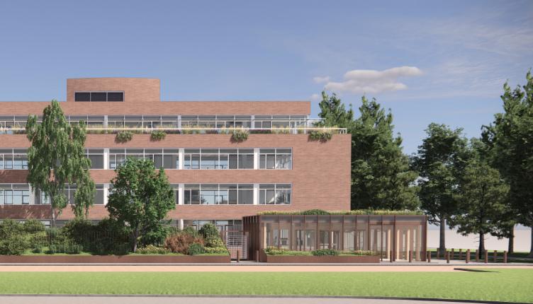 Gerenoveerd kantoorgebouw Europol in Den Haag met nieuw entreepaviljoen en duurzame energieoplossing met batterijen.