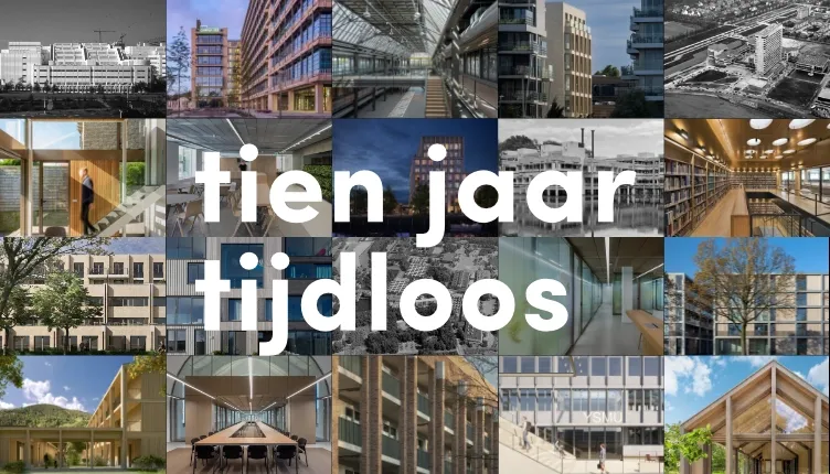 Collage ter gelegenheid van tien jaar dvdp, met historische en recente beelden van architectuurprojecten, renovaties, interieurs en nieuwbouw.