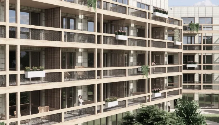 Ontwerp van dvdp voor de Bosweg, met een woongebouw met houten gevelstructuur, ruime balkons, plantenbakken en een groene binnentuin.